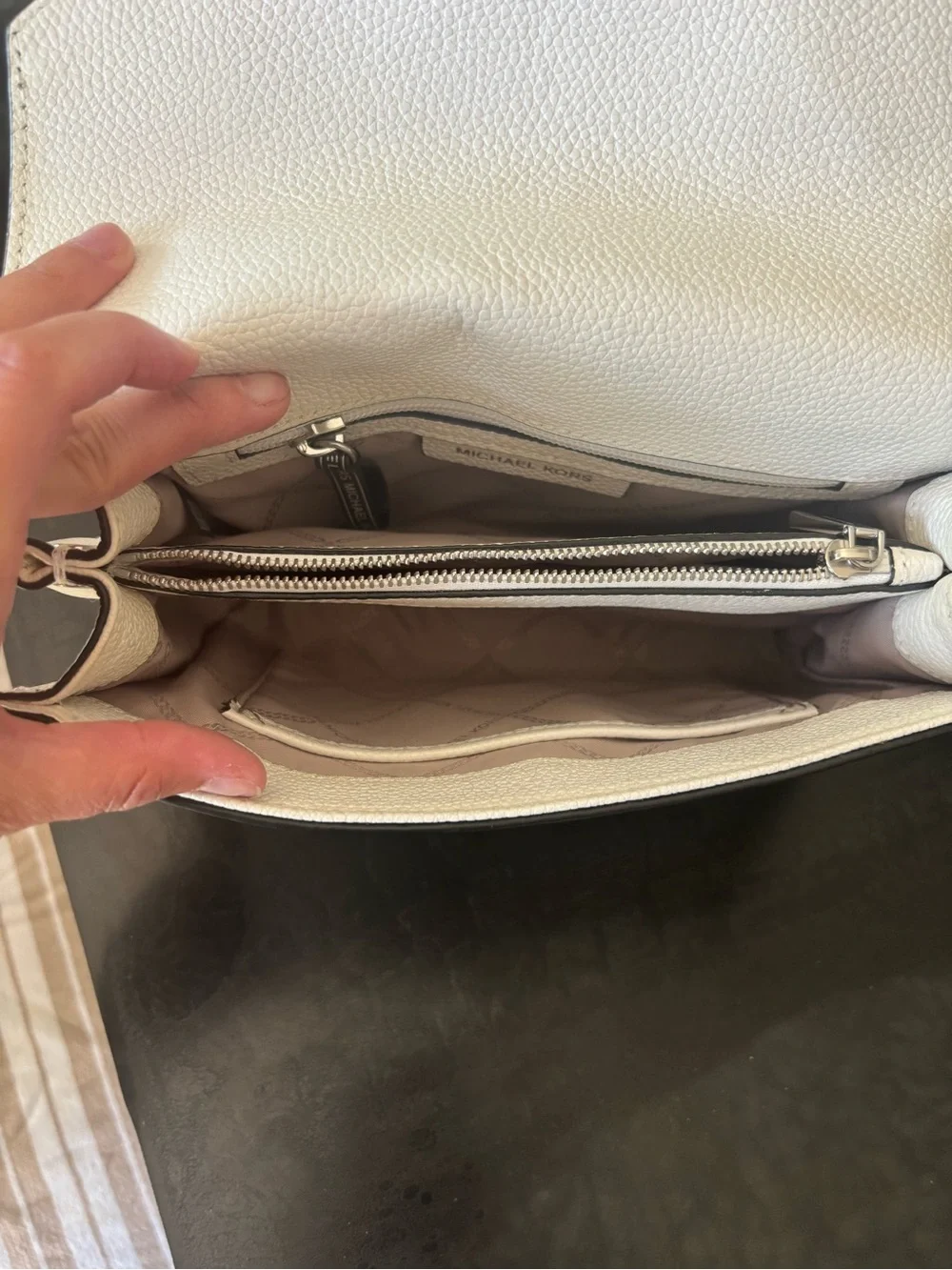 Michael Kors White and Black Pebbled Leather Shoulder Bag with Logo Strap